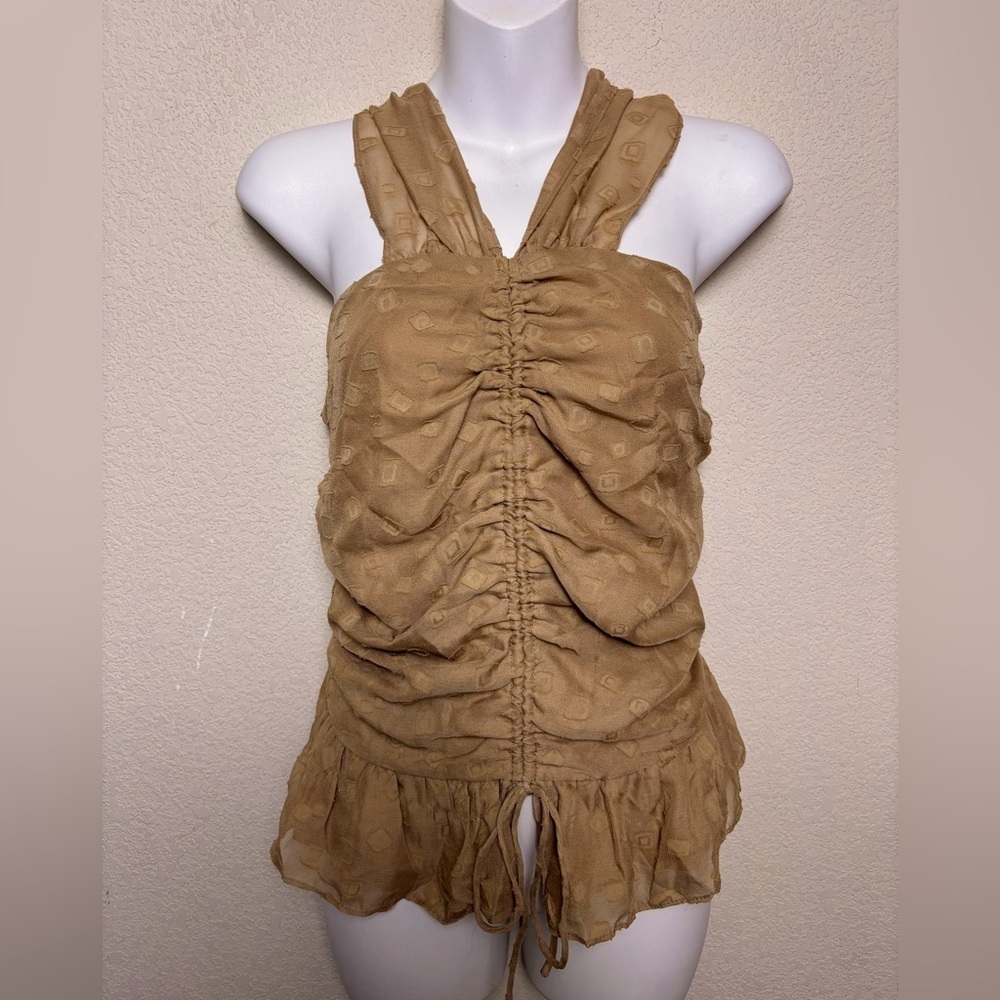 NWT Mustard Seed Tan Chiffon Ruched Halter Neck Smocked Ruffle Blouse L
